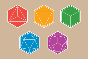 Colorful set of platonic solids tetrahedron hexahedron octahedron icosahedron dodecahedron. Sticker. Badge. Vector illustration