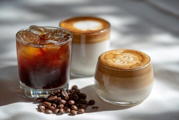 Assortment of coffee drinks including a layered cold brew, a frothy cappuccino, and a creamy latte on a reflective with coffee beans scattered around