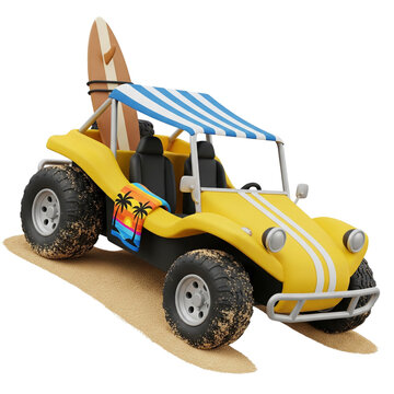 3d icon of a 3d render of a beach buggy with surfboard isolated on transparent background