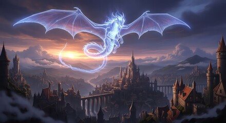Ethereal Dragon Soaring Over Medieval Cityscape at Sunset