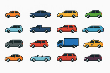 Flat Vector Car Icon Collection City Transport Vehicles Different Types and Styles