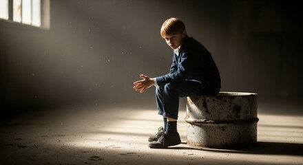 A young boy in casual attire sits on a rusty barrel in a dim, atmospheric space. Concept for childhood reflection, dramatic storytelling and suspenseful narratives