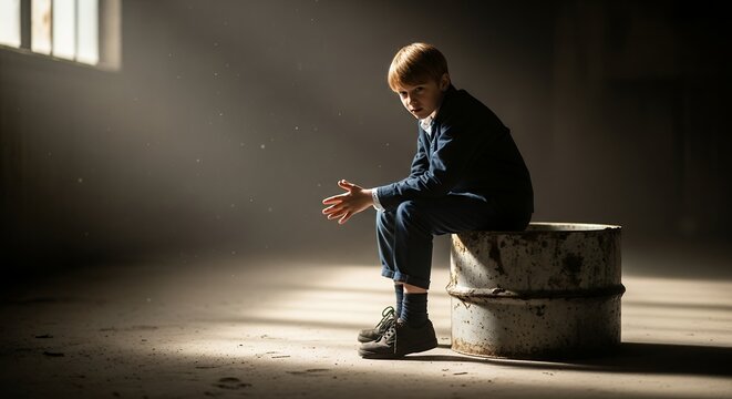 A young boy in casual attire sits on a rusty barrel in a dim, atmospheric space. Concept for childhood reflection, dramatic storytelling and suspenseful narratives