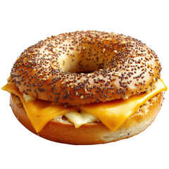 Delicious breakfast bagel sandwich with melted cheese and egg isolated on transparent background