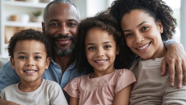 Portrait of happy african american black family taking a selfie together at home