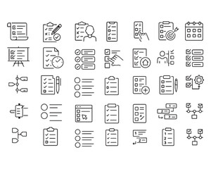 Set of outline icons related to checklist, plan, task, to do list. Linear icon collection