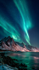 Naklejka premium Magical Northern Lights Display: A Spectacular Celestial Show of Aurora Borealis Colors Dazzling the Night Sky Over Arctic Landscapes Unveiling Nature's Mystical Beauty