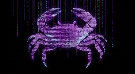 Digital crab formed from binary code falling like rain