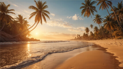 Tropical Beach with Palm Trees at Sunset