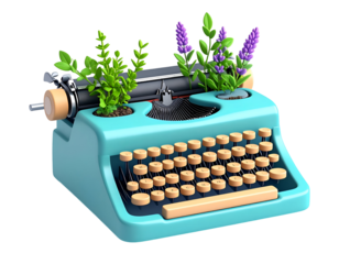 Teal Typewriter with Plants 3D Render