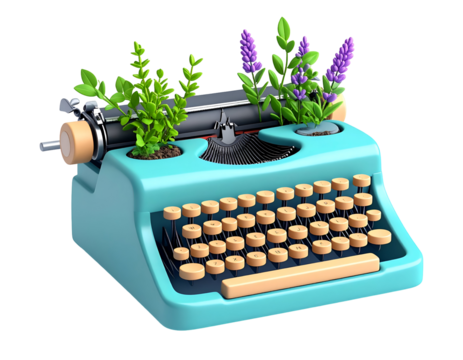 Teal Typewriter with Plants 3D Render