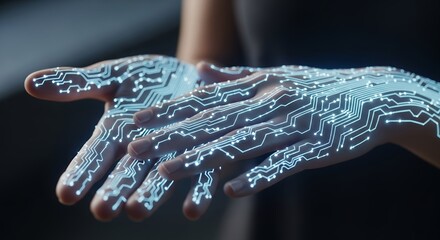 Close-up of human hands displaying an illuminated circuit pattern and node connections. Concept for digital transformation, innovative technology, and future computing