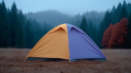 A two toned camping tent stands in a dry grassy field with a misty forest in the background
