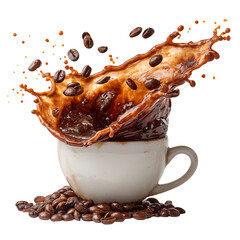 Dynamic coffee splash with beans erupting from cup