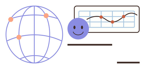 Globe with connected points, smiling face, data chart with trends and nodes. Ideal for technology, networking, communication, teamwork, analytics globalization innovation. Simple flat metaphor