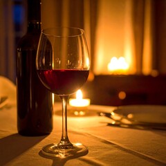 Romantic red Wine Glass and Candlelit Dinner