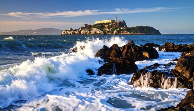 Dramatic Waves Crashing on Rocky Coastline, Overlooking Historic Alcatraz Island at Sunset