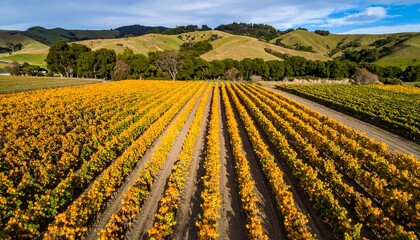 Vineyard rows stretching to hills under a sunny sky