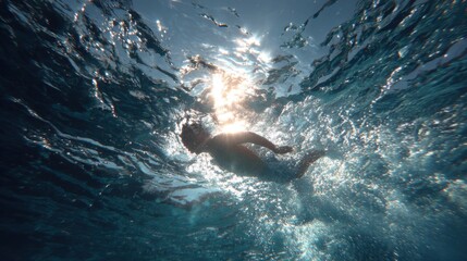 A creative shot of a swimmer, viewed from below the water, with the sunlight filtering down through the surface. The light creates beautiful, dancing patterns.