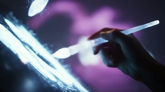 Person using digital paintbrush and tablet to create artwork with bright colorful light