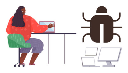 Woman at desk using laptop, analyzing bug graphic, and surrounded by computer screens. Ideal for technology, cybersecurity, problem-solving, software testing, coding, education and digital