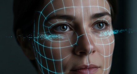 Close-up of a woman's face with a glowing grid overlay and streaming particles near the eyes. concept for biometric identification, futuristic technology, and augmented reality