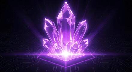 Glowing Purple Crystal Cluster on Dark Circuit Board Background