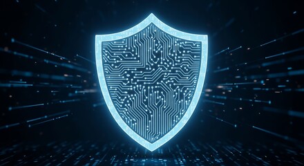 Luminous digital shield with circuit pattern on dark background with streaks of light, concept for data protection, network security and antivirus software