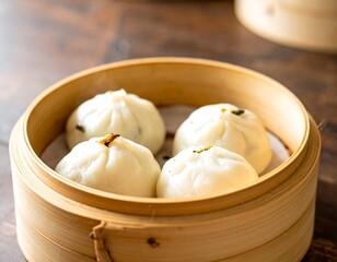 Fototapeta premium Sheng Jian Bao ,pan-fried soup buns, Steamed Buns in Bamboo Steamer Basket Delicious Asian Cuisine