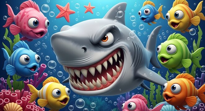 Fierce 3D Cartoon Shark with a Toothy Grin Among a School of Colorful, Surprised Fish