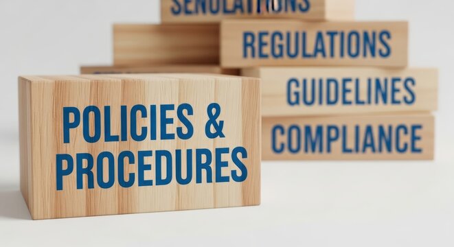 Policies and procedures regulations guidelines compliance for business standards and legal requirements on wooden blocks concept illustration