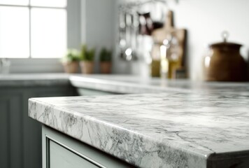 Close-up view of a modern kitchen countertop with a marble , minimalist design, and various kitchen utensils and plants in the background