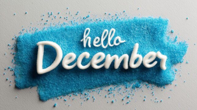 Decorative Blue Sugar Text Saying Hello December on Gray Background