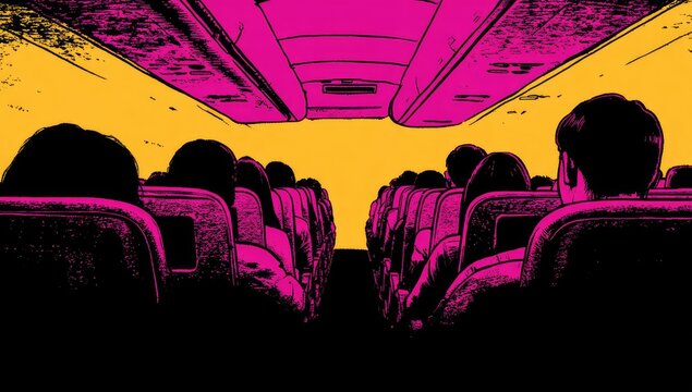 Airplane interior, passengers seated. Vivid magenta and yellow stylized illustration