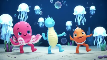 Cartoon ocean friends walking together octopus seahorse clownfish cheerful background animation - Powered by Adobe