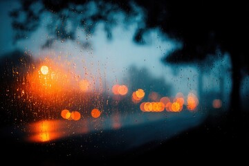 Rainy night city view through a window