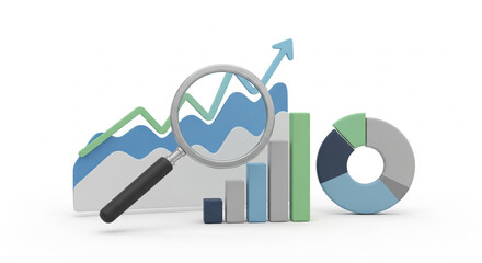Business charts including bar graphs, line graphs, and a pie chart with a magnifying glass, symbolizing data analysis and financial reporting, on an isolated transparent background.