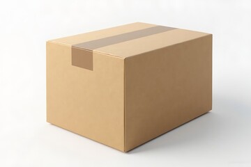 A corrugated cardboard box sealed with tape sits on a white surface in a simple studio shot