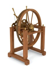 Ornate wooden machine with large wheel and intricate gears