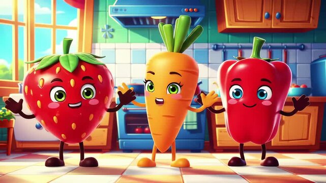 Happy fruit and vegetables characters dancing together in a cartoon kitchen animation loop