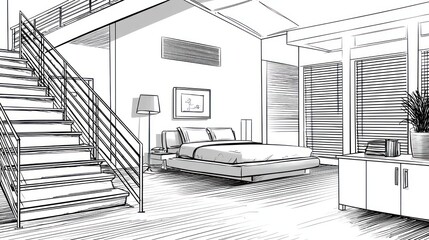 Sketch of a bright, airy bedroom with loft access via an open-railed staircase