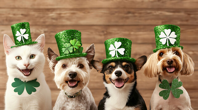 Cute pets wearing green hats celebrate St. Patrick Day with joy and charm. Their playful expressions bring happiness to festive occasion