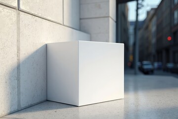 A white cube sits at the corner of a building with a city street in the background out of focus view
