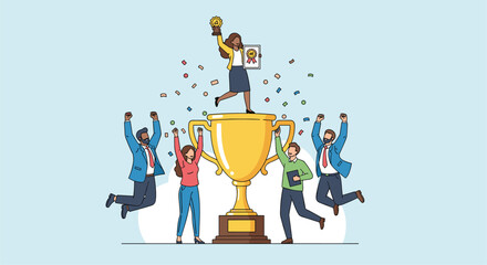 Celebrating team success with a golden trophy and jubilant employees jumping for joy