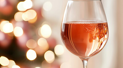 Sparkling glass of rose wine sits elegantly, capturing festive atmosphere with blurred lights in background, evoking celebration and joy
