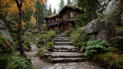 Rustic alpine chalet nestled in a mossy garden
