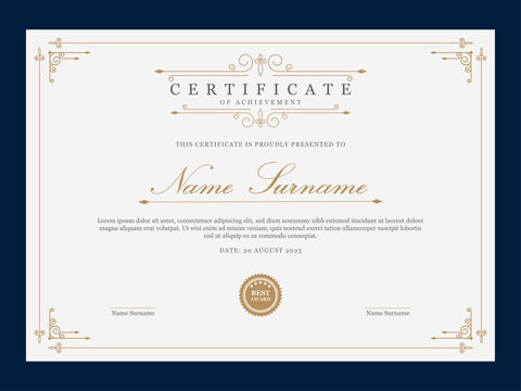 Clean certificate of appreciation in retro style. Vintage certificate template with swirl ornament. Multipurpose award document for competition. - Powered by Adobe