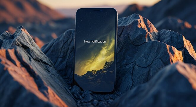 Modern smartphone receives notification amidst rugged mountain landscape - Powered by Adobe