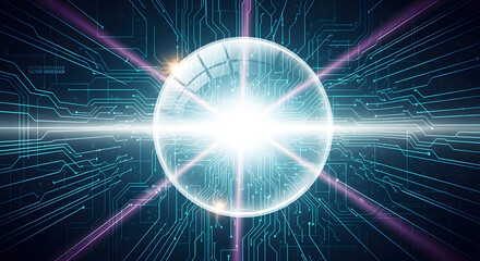 Abstract Glowing Sphere on Blue Circuit Board Background