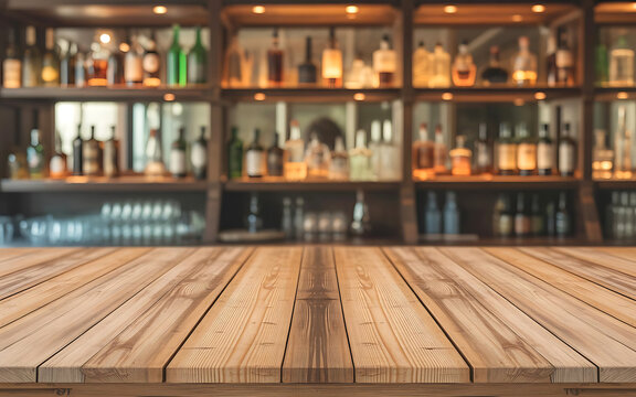 Wooden bar counter in front of blurred shelves filled with liquor bottles and glasses table